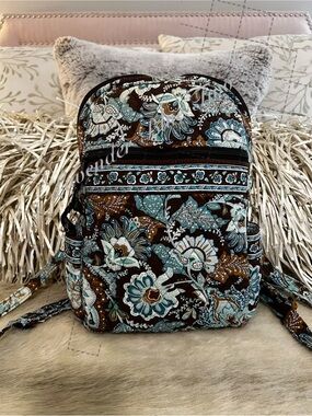 Vintage VERA BRADLEY Java Blue 2008 Zip Backpack Zip Close Y2K Brown Floral USA